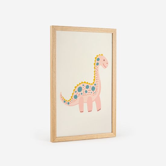 Poster de um dinossauro cor-de-rosa com bolinhas coloridas, ideal para decoração de quartos infantis e de bebé. 3