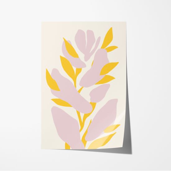 Poster de um arranjo floral com formas abstratas em tons de rosa e amarelo, representando flores e folhas num fundo claro. 6